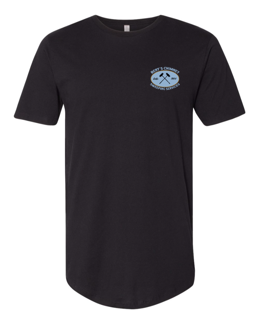 Black Corner of Main T-shirt featuring Bert's Chimney Services long body logo on the left chest.