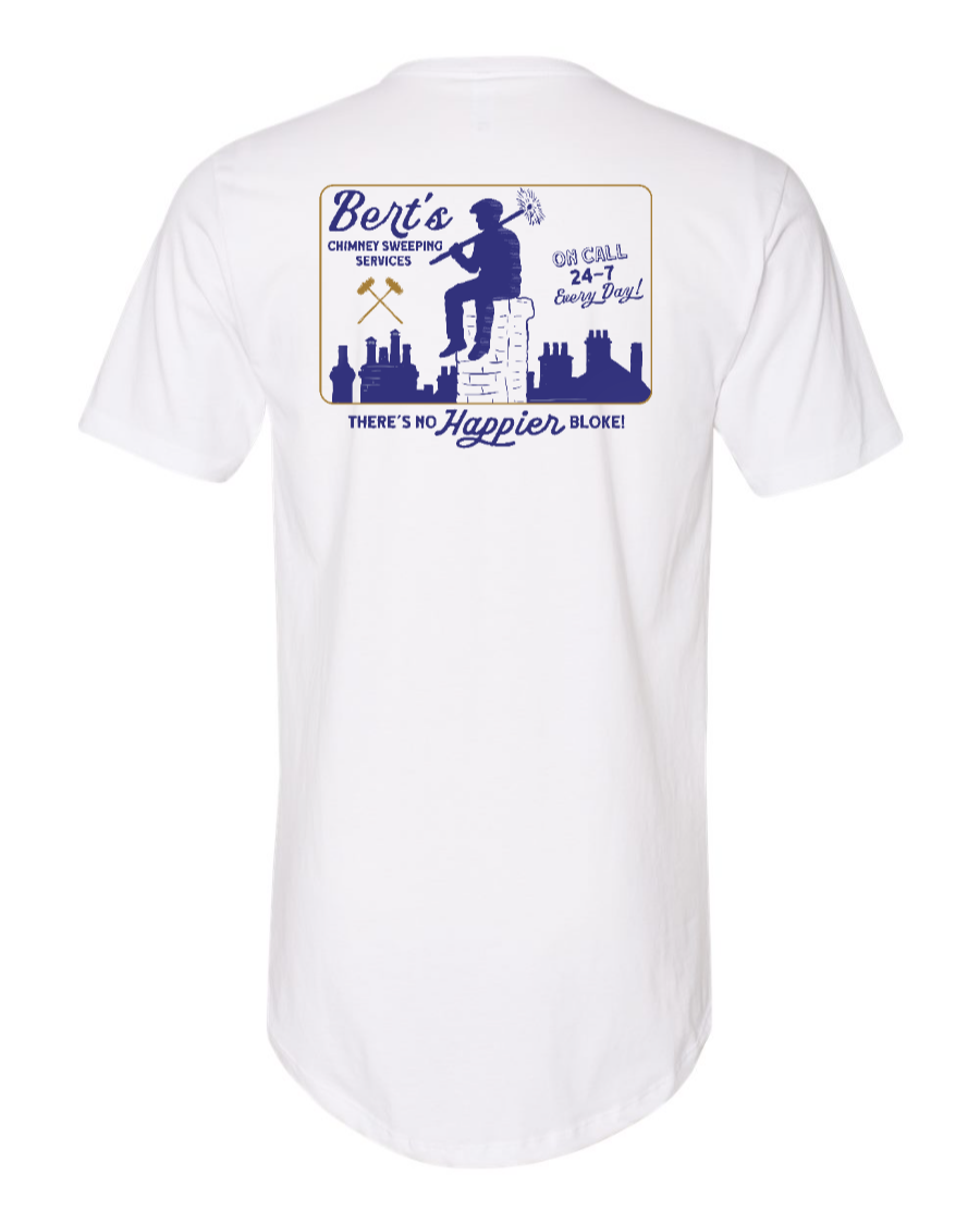 White Corner of Main T-shirt featuring Bert's Chimney Services logo with a long body design, displayed on a plain background.