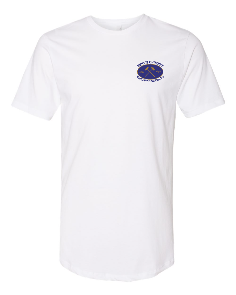 White Corner of Main T-shirt featuring Bert's Chimney Services long body logo on the left chest.