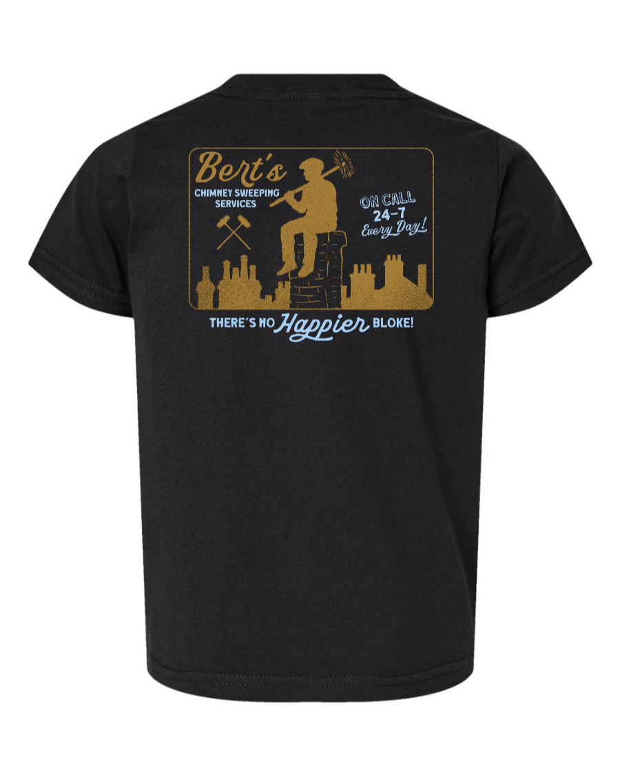 Black toddler T-shirt from Corner of Main featuring Bert's Chimney Services logo on the back, kids' casual clothing.