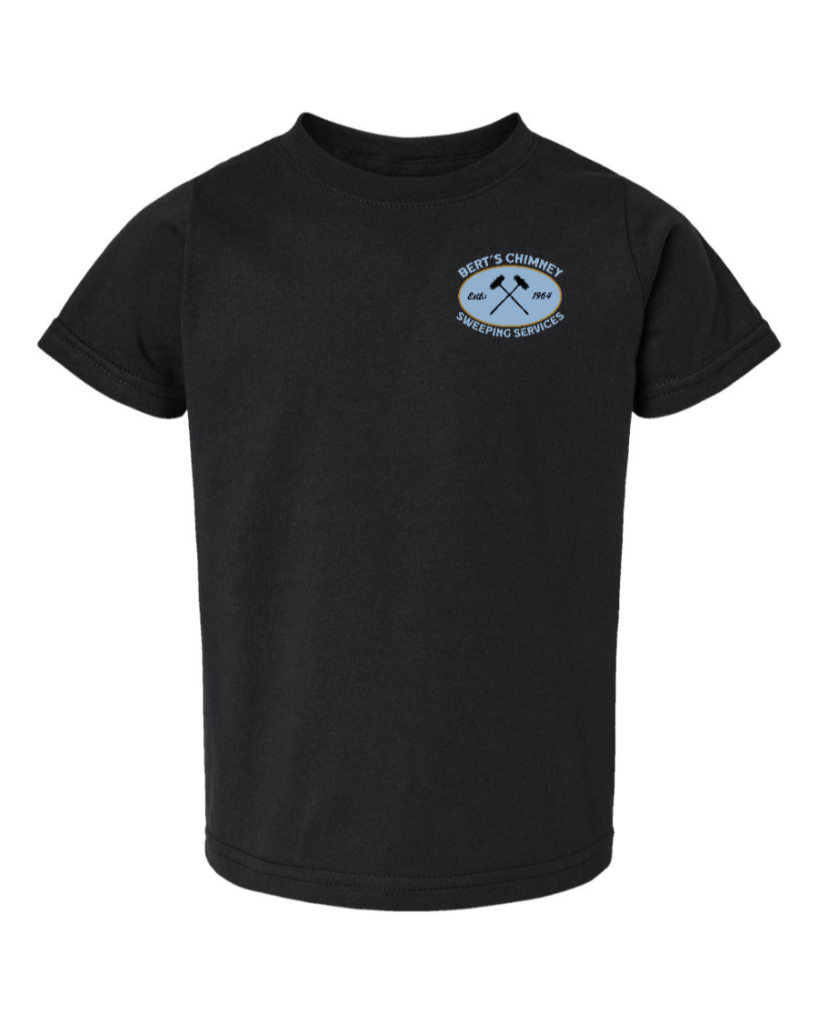 Black toddler tee from Corner of Main featuring Bert's Chimney Services logo on the left chest. Kids shirt for casual wear.