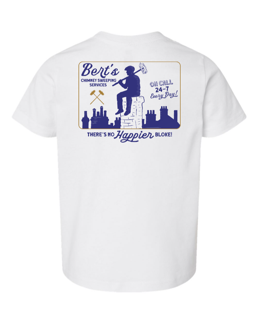 White toddler kids shirt from Corner of Main featuring Bert's Chimney Services logo on the back.