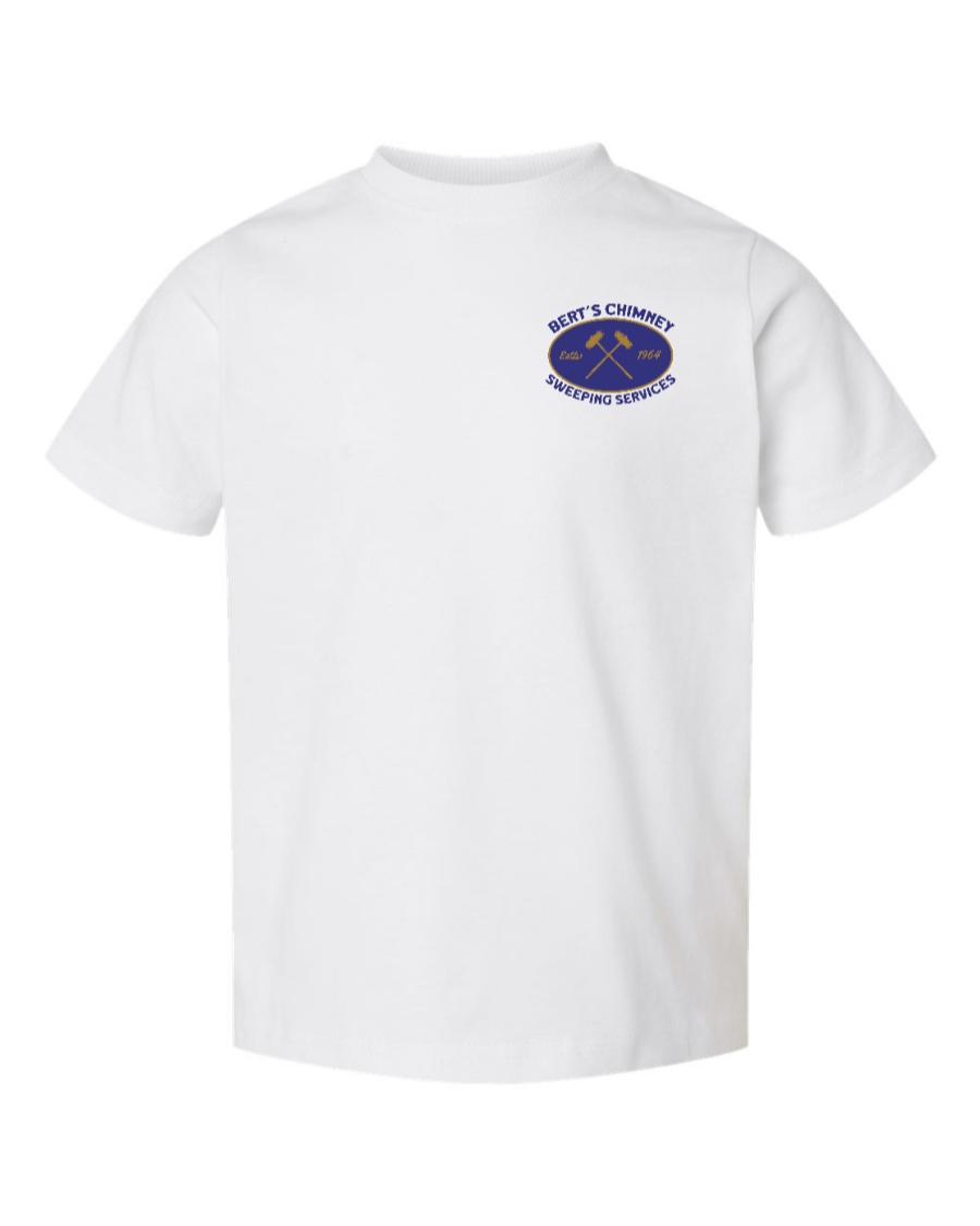 White toddler kids shirt by Corner of Main featuring Bert's Chimney Services logo on the left chest.