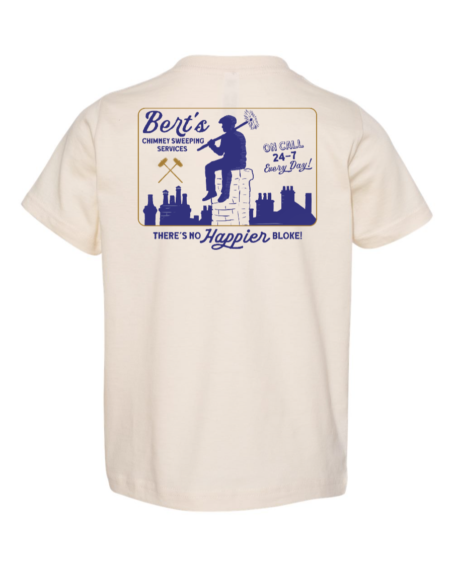 Corner of Main toddler kids shirt featuring Bert's Chimney Services logo on natural-colored fabric back view.