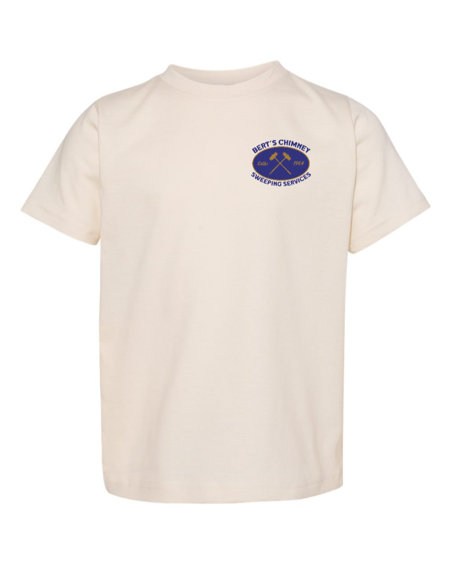 Corner of Main toddler kids shirt featuring Bert's Chimney Services logo on natural-colored fabric, left chest design.