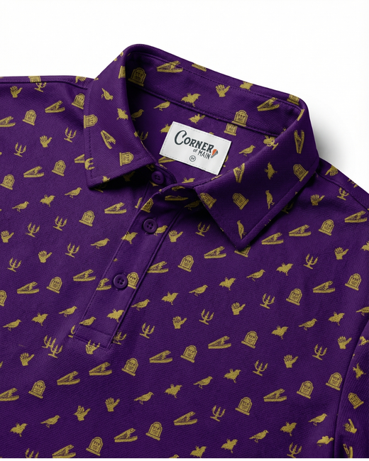 Corner of Main Haunted Mansion Polo shirt featuring a spooky ghost and mansion graphic on the front, casual men's polo clothing.